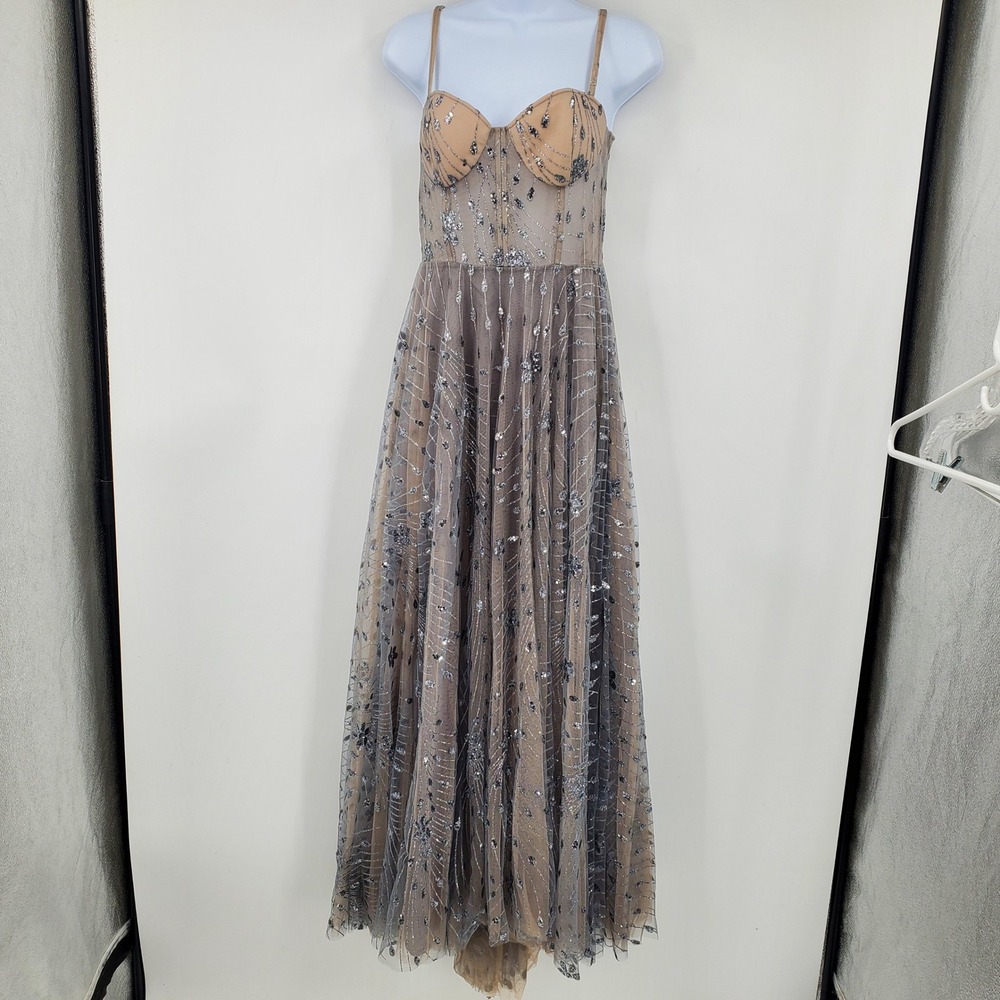 GB Gianni Bini Sequin Mesh Maxi Dress Gray Silver Floral Prom Gown Size 5 Formal
